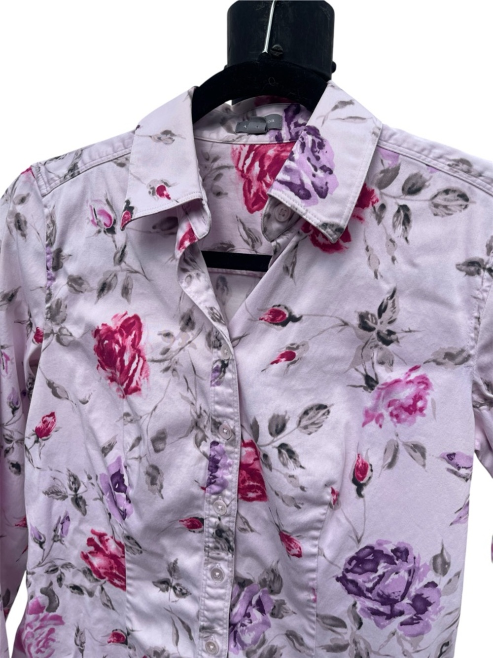 Ann Taylor Lavender Floral Button-Down Career Shirt with Pink & Purple Roses, 4 - Picture 3 of 7